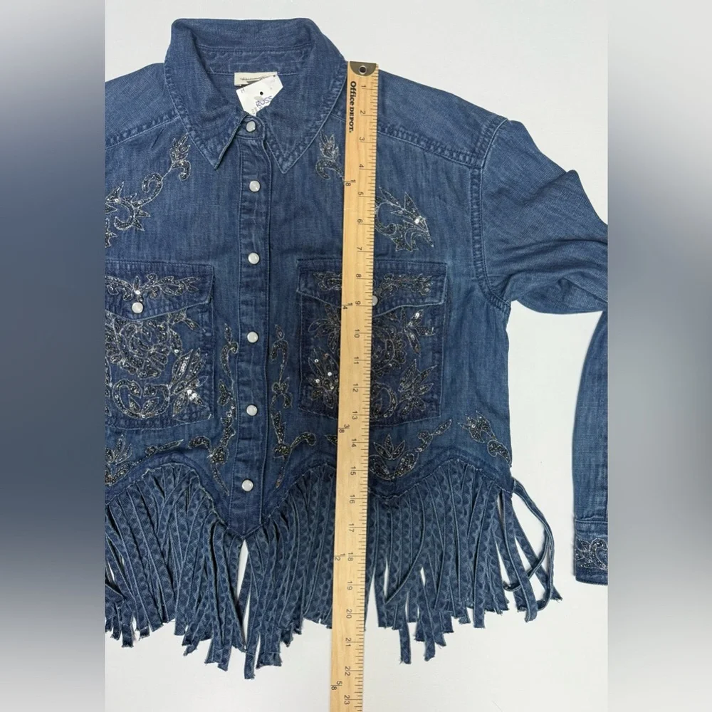 NWT Pilcro Denim Silver embellished Collar Button Down fringe bottom Shirt XXS - Picture 12 of 16